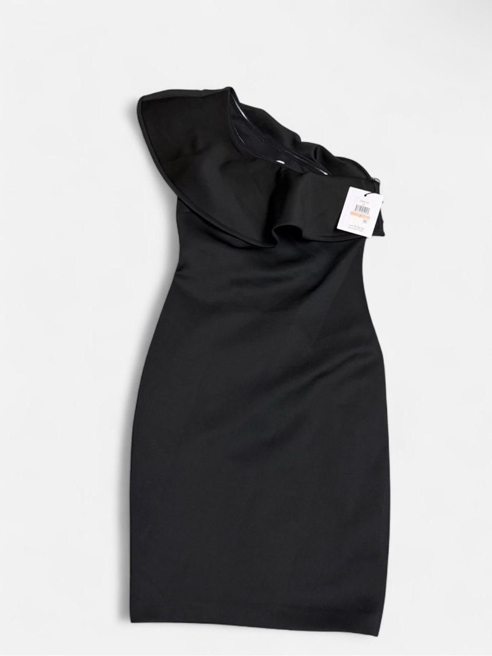 Calvin Klein One Shoulder Black Ruffle Sheath Midi Dress